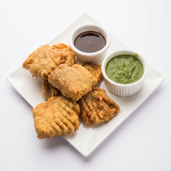 Crispy fried Indian pakora fritters on a white plate with green chutney and tamarind sauce.