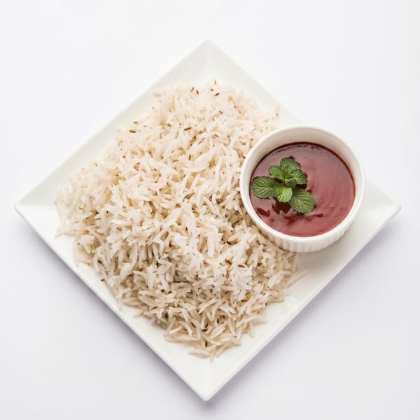 Jeera rice with a side of red sauce garnished with mint on a white square plate.