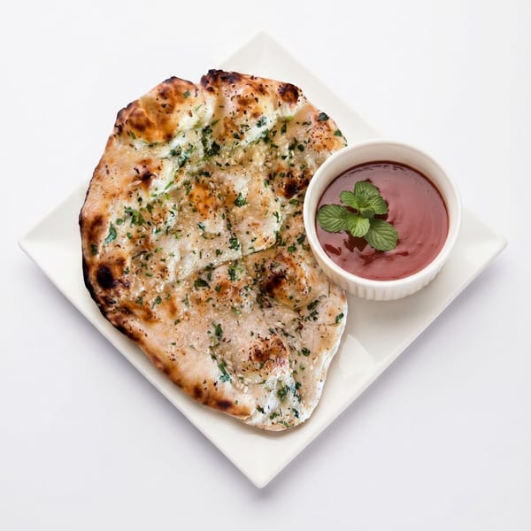 Garlic naan bread with herbs and sesame seeds, served with a small bowl of red sauce and mint.