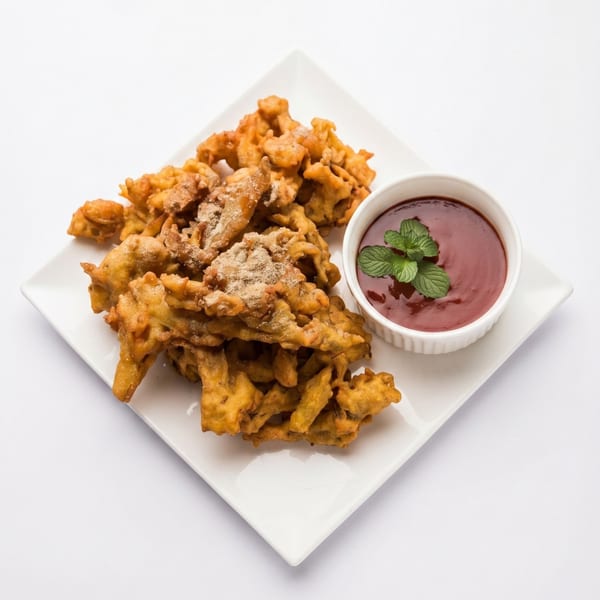 Crispy fried Indian pakora fritters dusted with spice, served with a side of red chutney and mint.