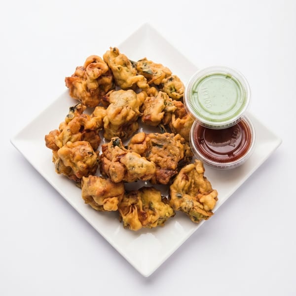 Crispy fried pakoras on a white plate with green and brown dipping sauces.