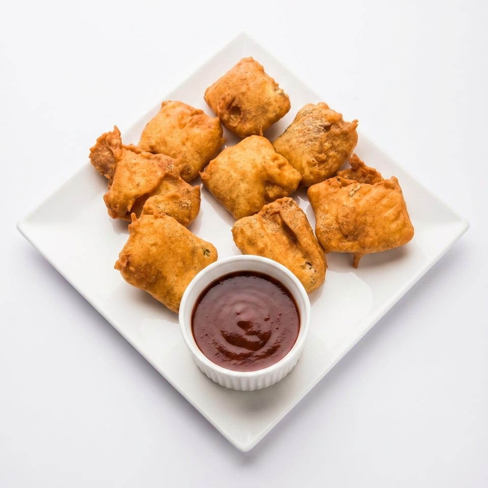 A white square plate holds eight golden-brown fried pakoras and a small bowl of dark red chutney.