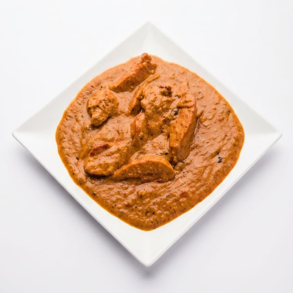 Chicken tikka masala, a creamy orange curry dish with chicken pieces, served on a white square plate.